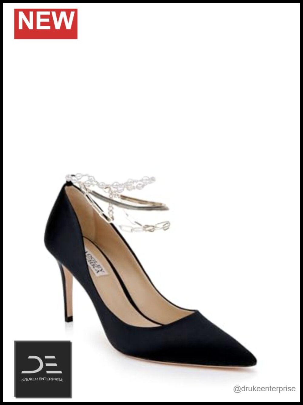 Silk Pointed Toe Pumps with Pearl Chain Ankle Strap